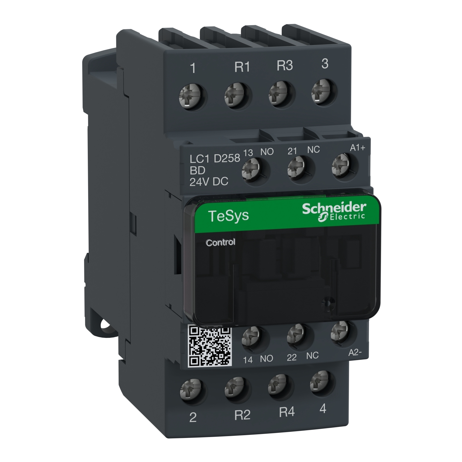 IEC contactor, TeSys Deca, nonreversing, 40A resistive, 4 pole, 2 NO and 2 NC, 24VDC coil, open style
