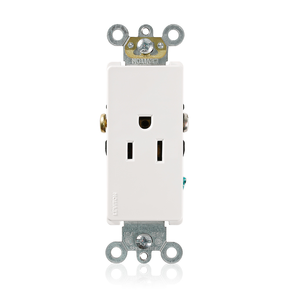 15 Amp, 125 Volt, NEMA 5-15R, 2P, 3W, Decora Plus Single Receptacle, Straight Blade, Commercial Grade, Self-Grounding, , , Side Wired, Steel Strap, - WHITE
