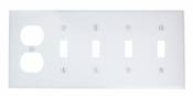 5-Gang 4-Toggle, 1-Duplex Device Combination Wallplate, Painted Metal, Device Mount, White