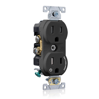 Tamper Resistant Duplex Receptacle, 2-Pole 3-Wire, NEMA 5-15R, 15A-125, Black, Back And Side Wired, Commercial Spec Grade, Hot Terminal Split W/1 Plug Controlled Markings Universal Marking Orientation