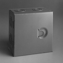 Eaton B-Line series Type 1 junction boxes, 8" height, 6" length, 8" width, NEMA 1, Hinged cover, HC enclosure, Surface mounted, Small single door, 4 top-bottom knockouts,4 side knockouts, Thru holes, Carbon steel