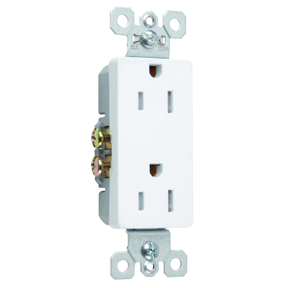 Decorator Tamper-Resistant Receptacle. 15 amp, 125 volt, White. Self Grounding.