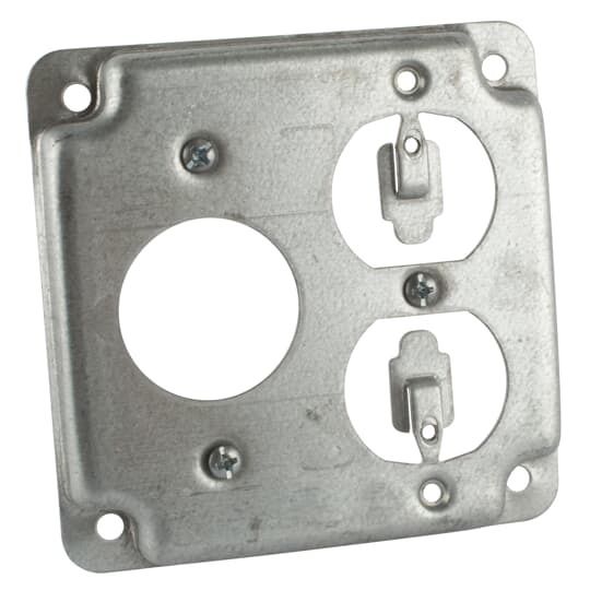 Square Box Surface Cover, 5 Cubic Inches, 4 Inch Square x 1/2 Inch Deep, 1-13/32 Inch Diameter Hole, Galvanized Steel, For use with One Single and One Duplex Flush Receptacle