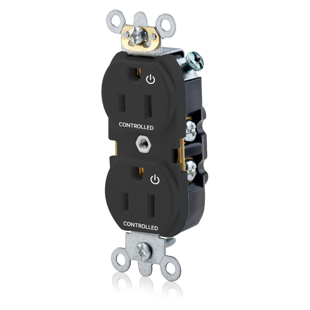 Duplex Receptacle Narrow Body Design. 2-pole 3-wire. Nema 5-15R. 15A-125V. Flat Face. Back And Sidewired. Industrial Spec Grade, Self Grounding. 2 Plugs Controlled Markings - Black