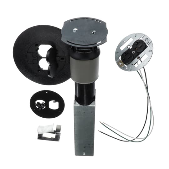 Poke-Through Flush Base Unit, 3 Inch Drill Size, 16 Inch Length, 1/2 Inch and 3/4 Inch Knockouts, Galvanized Steel, with Black Non-Metallic Cover with 7 Inch Diameter