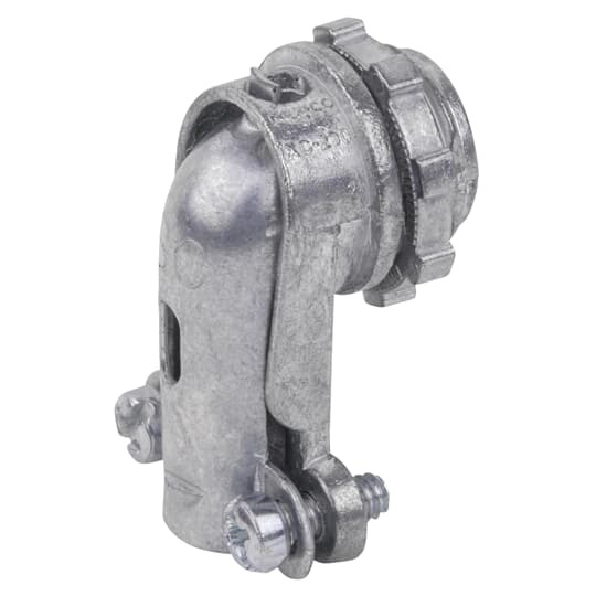 90 Degree Squeeze Type Connector, Conduit Size 1-1/2 Inch, Cable Opening 1.625 Inches - 1.875 Inches, Height 3-17/32 Inches, Width 3-1/16 Inches, Material Zinc Plated Malleable Iron, For use with Armored Cable/Flexible Metal Conduit