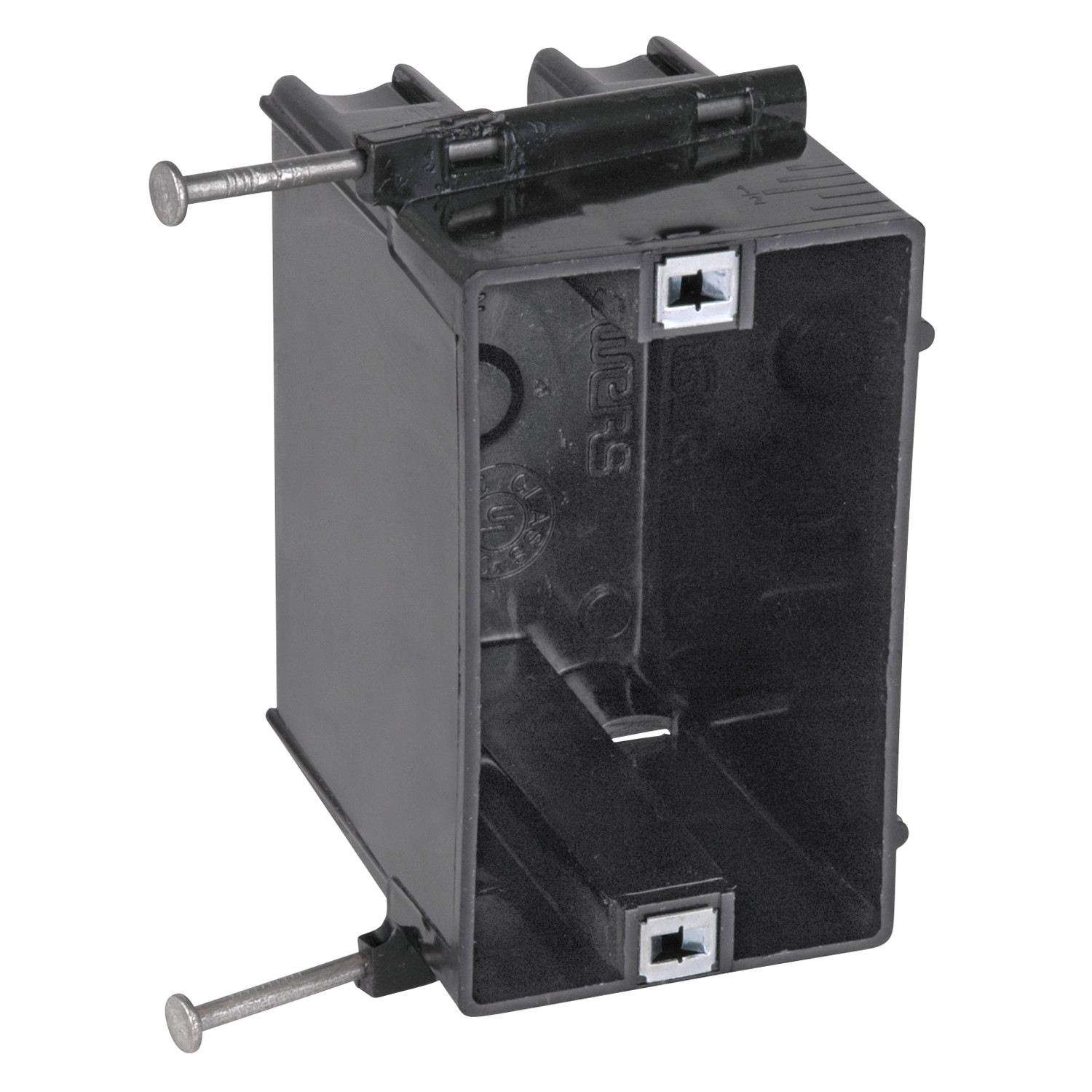 Single-Gang Nail-On Outlet Box, Volume 18 Cubic Inches, Length 3-3/4 Inches, Width 2-1/4 Inches, Depth 2-7/8 Inches, Color Black, Material Polycarbonate, Mounting Means Angled Side Nails