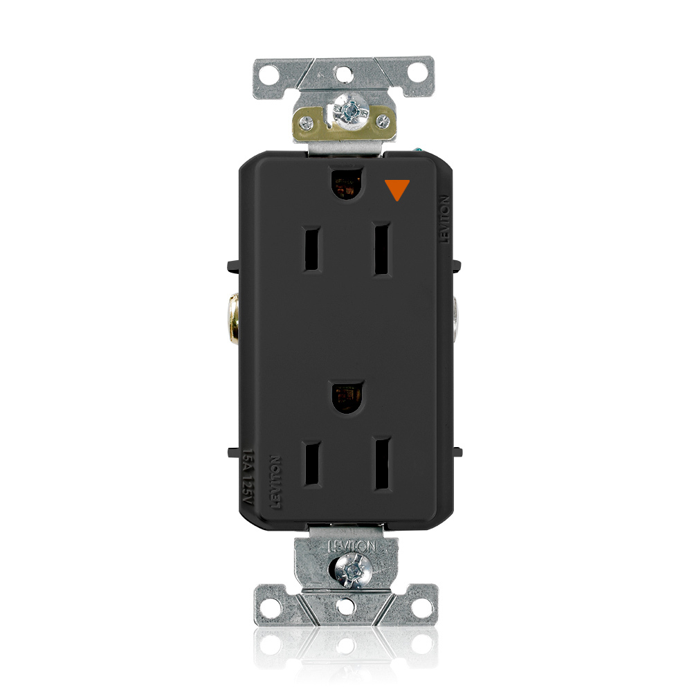 Decora Plus Isolated Ground Duplex Receptacle Outlet, Heavy-Duty Industrial Specification Grade, Smooth Face, 15 Amp, 125 Volt, Back or Side Wire, NEMA 5-15R, 2-Pole, 3-Wire, Self-Grounding - Black