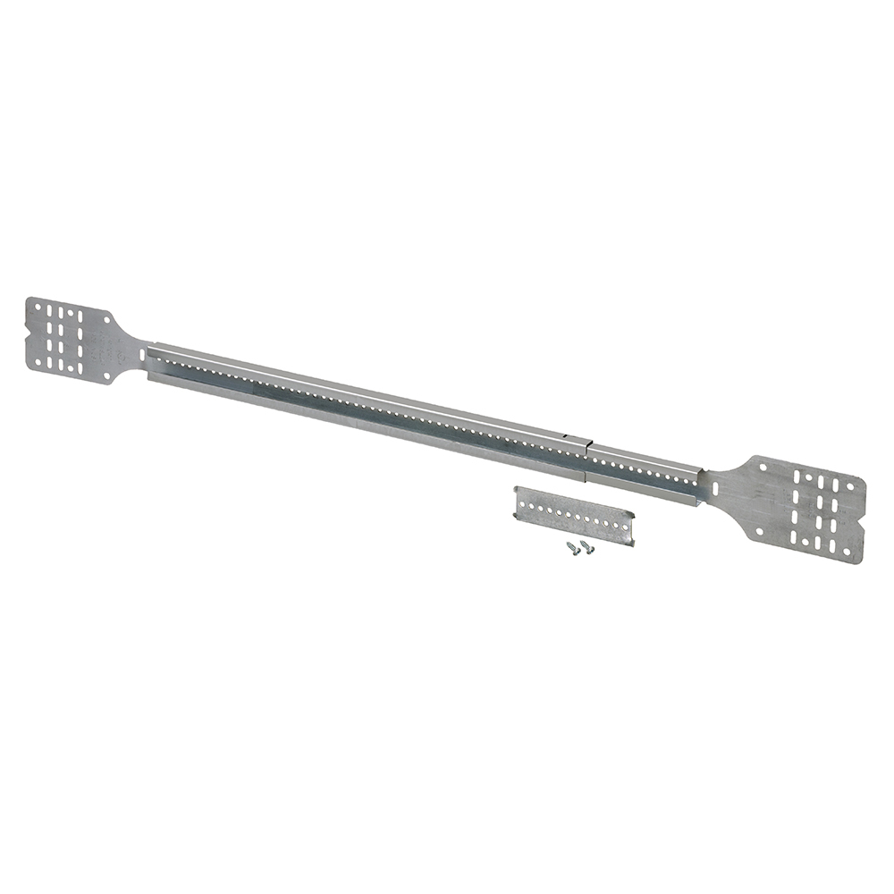 Adjustable unbent SLIDERBAR fits between studs 15" to 24" wide. Can mount a steel box via the included SL18BKT mounting bracket.