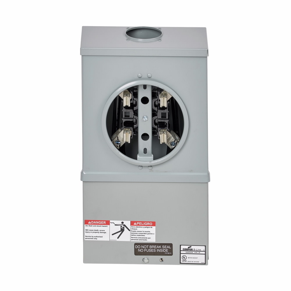 Eaton B-Line series single meter sockets, AW Hub top provision, 100 A, Both, 7 jaws, Ring type, 3, Steel, ANSI 61 paint, Side, 3 poles, 4 wires, #14 - 1/0 line lug size, #14 - 2/0 load lug size, Manual circuit closing