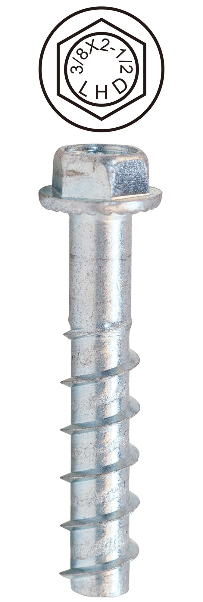 3/8'' x 2-1/2'' Hex Head Concrete Screw Bolt, Case Hardened Low Carbon Steel, Zinc Plated