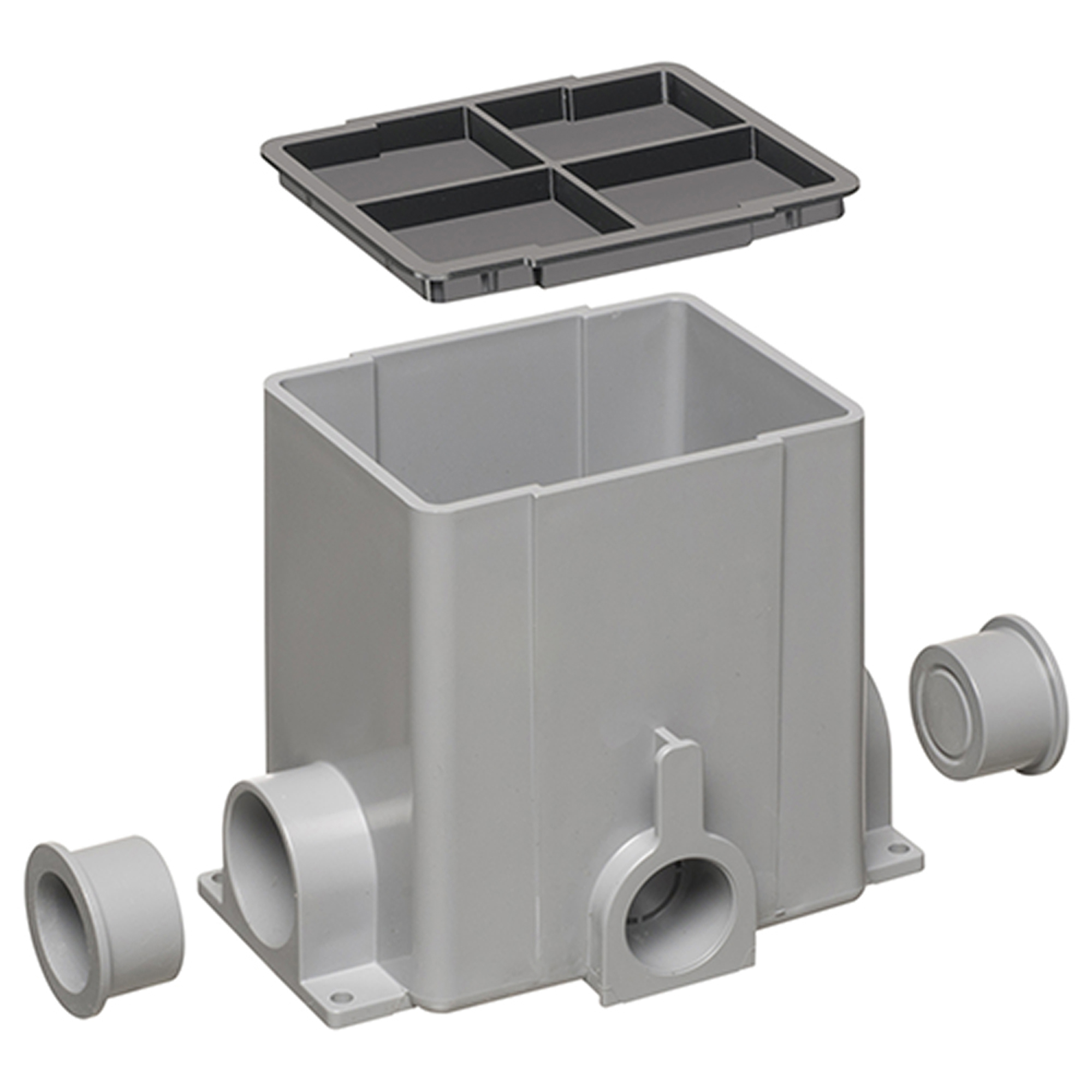 Single gang non metallic gangable floor box up to 3 gang. Rectangular. Includes (2) 1-1/4" plugs and a mud cover.