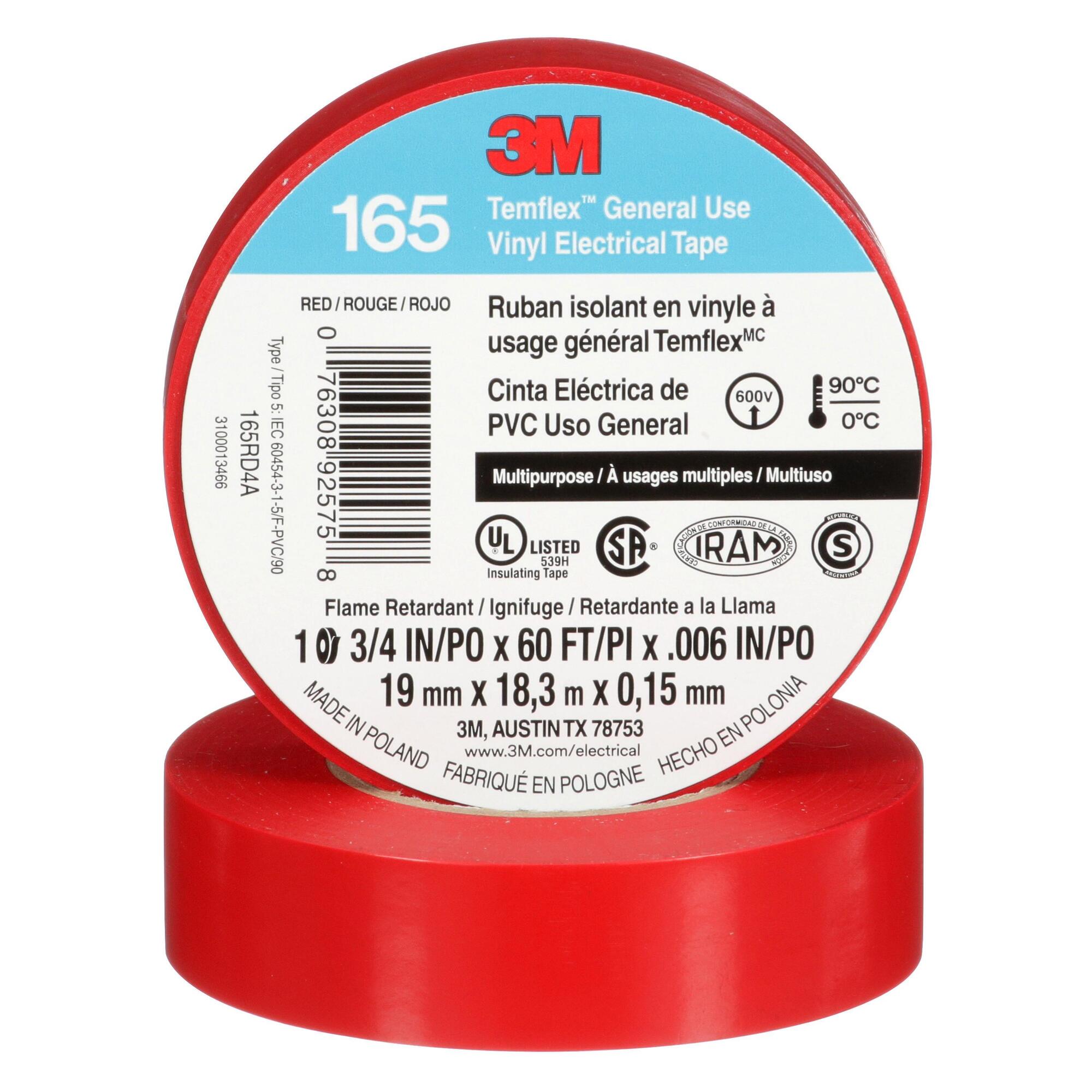 3M Temflex Vinyl Electrical Tape 165, Red, 3/4 in x 60 ft (19 mm x 18 m), 100 Rolls/Case