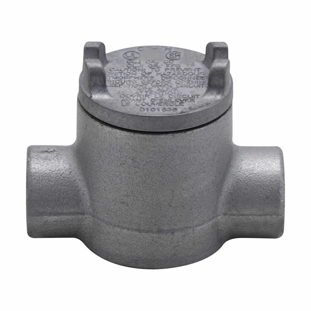 Eaton Crouse-Hinds series Condulet GUA conduit outlet box with cover, 2" cover opening diameter, Feraloy iron alloy, C shape, 1/2"