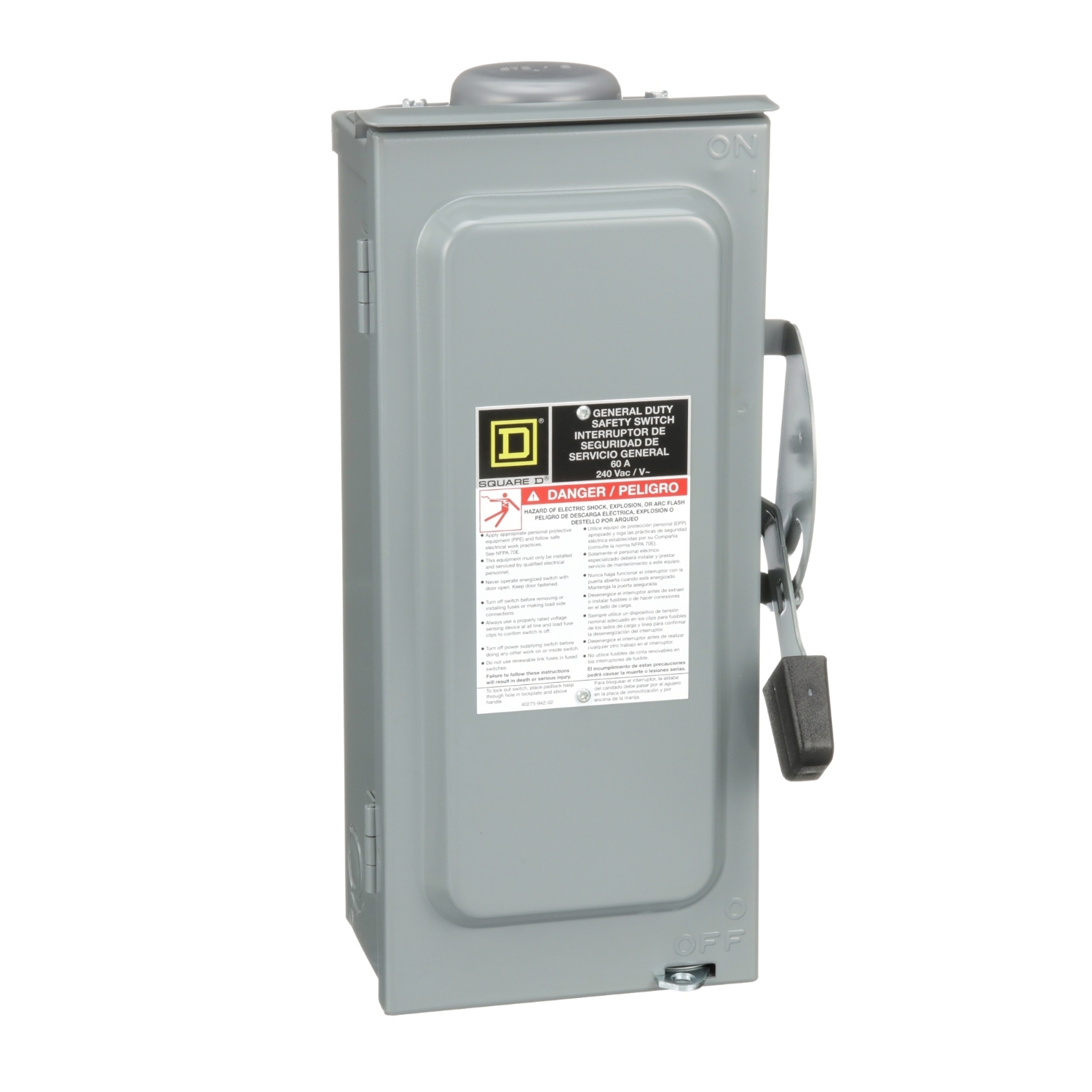 Safety switch, general duty, fusible, 60A, 2 pole, 15hp, 240VAC, NEMA 3R, bolt on, neutral factory installed, consumer pack