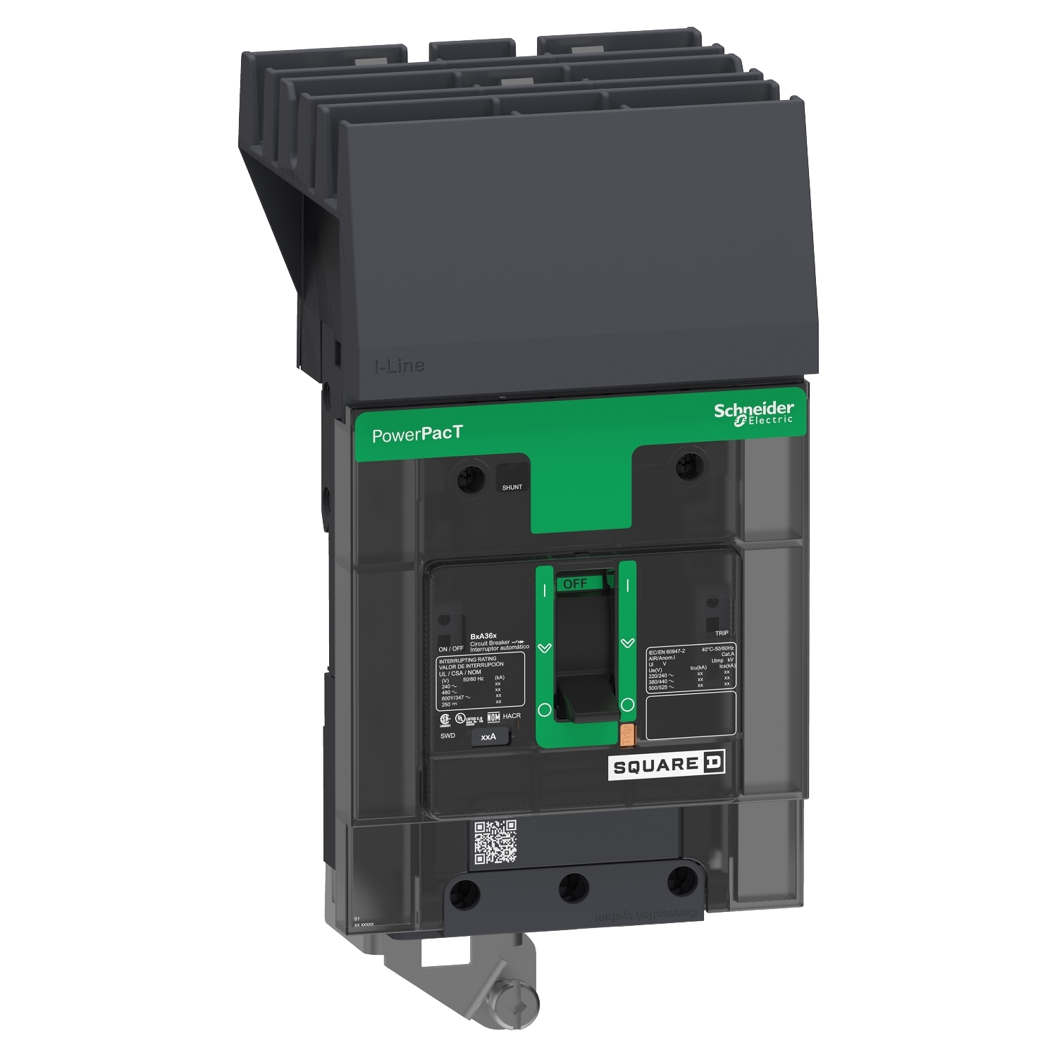 Circuit breaker, PowerPacT B, 125A, 3 pole, 600Y/347VAC, 25kA, I-Line, thermal magnetic, 80%, ABC