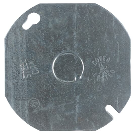 Octagon Box Cover, 4 Inch Diameter, 1/2 Inch Knockouts, Pre-Galvanized Steel, Flat, For use with Octagon Boxes