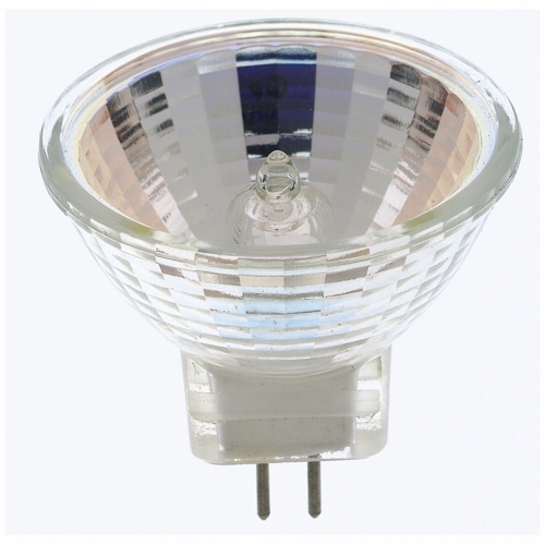 Halogen MR Lamp, Designation: 10MR8/NFL, 12 V, 10 WTT, MR8 Shape, GU4 Bi Pin GU4 Base, C-6 Filament, 2000 HR, 23 DEG Beam Angle, 1-1/4 IN Length, 1 IN Diameter, Lumens: 180 CP Center Beam