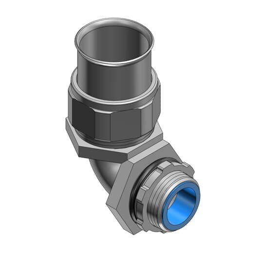 3/4 Inch Iron Type A to 90 Degree Liquidtight Connector With Insulated Throat and Sealing Ring With Iron Retainer