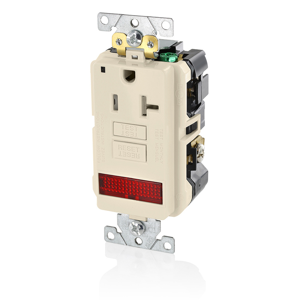20 Amp, 125 Volt, SmartlockPro Single Self-Test GFCI Receptacle with LED Pilot Light, NEMA 5-20R, 2P, 3W, Extra-Heavy Duty Industrial Grade, Tamper-Resistant, 20A Feed-Through, Back or Side Wired - IVORY