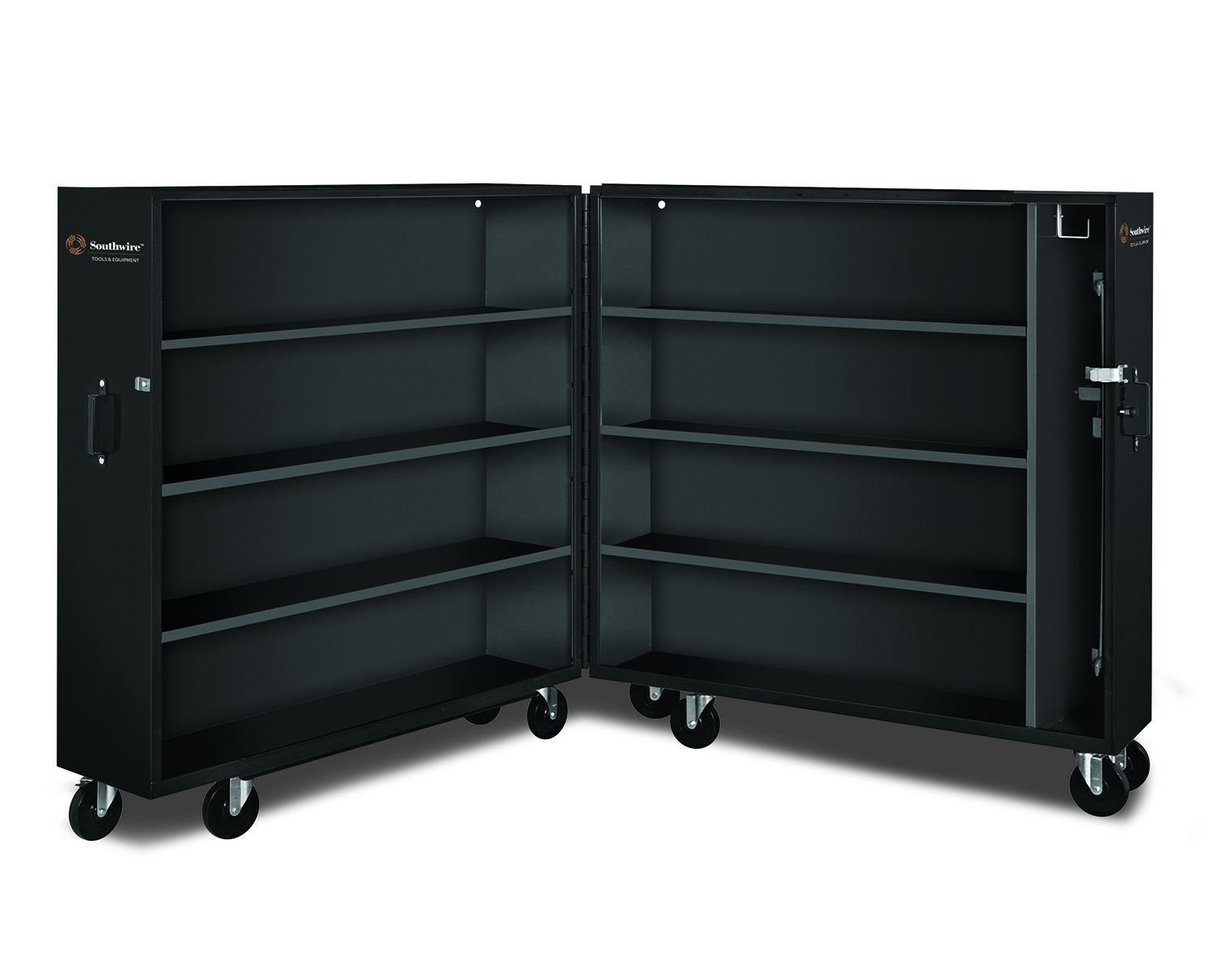 The Southwires Clamshell Cabinet gives you unrestricted access to your tools, materials and equipment. With heavy duty shelves and a single locking point, this cabinet makes it possible to easily access and maximize organization of your materials and equipment. With the Southwire Clamshell Cabinet, there is no better way to control and secure your livelihood. BI-fold cabinet