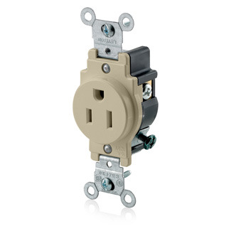 15 Amp, 125 Volt, NEMA 5-15R, 2P, 3W, Narrow Body Single Receptacle, Straight Blade, Commercial Grade, Grounding, , , Side Wired, Steel Strap, - Ivory