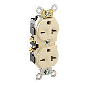 20-Amp, 250-Volt, Narrow Body Duplex Receptacle, Straight Blade, Commercial Grade, Self Grounding, Ivory