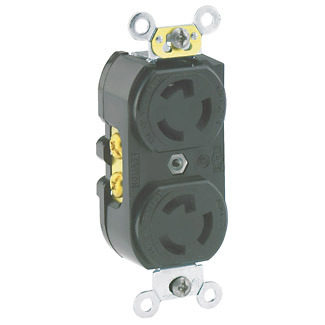15 Amp, 277 Volt, Duplex Locking Receptacle, Industrial Grade, Grounding, Black