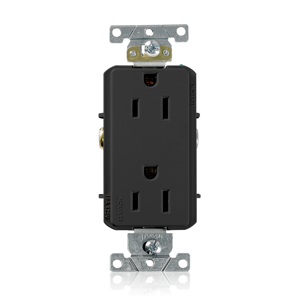 15 Amp, 125 Volt, NEMA 5-15R, 2P, 3W, Decora Plus Duplex Receptacle, Straight Blade, Commercial Grade, Self Grounding, , , Side Wired, Steel Strap, - BLACK