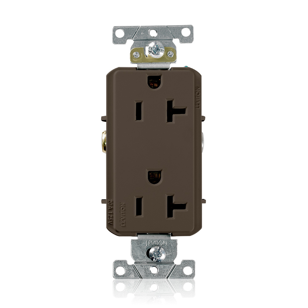 20 Amp, 125 Volt, NEMA 5-20R, 2P, 3W, Decora Plus Duplex Receptacle, Straight Blade, Commercial Grade, Self Grounding, , , Side Wired, Steel Strap, - Brown