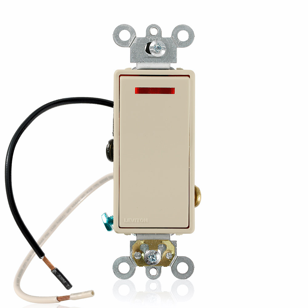 20 Amp, 120 Volt, Decora Plus Rocker Pilot Light - Illuminated ON - Req. Neutral 3-Way AC Quiet Switch,  Commercial Grade, Self Grounding, Back & Side Wired, - Ivory