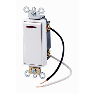 20 Amp, 277 Volt, Decora Plus Rocker Pilot Light - Illuminated ON - Req. Neutral 3-Way AC Quiet Switch,  Commercial Grade, Self Grounding, Back & Side Wired, - White