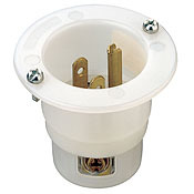 15 Amp, 125 Volt, Flanged Inlet Receptacle, Straight Blade, Industrial Grade, Grounding, White