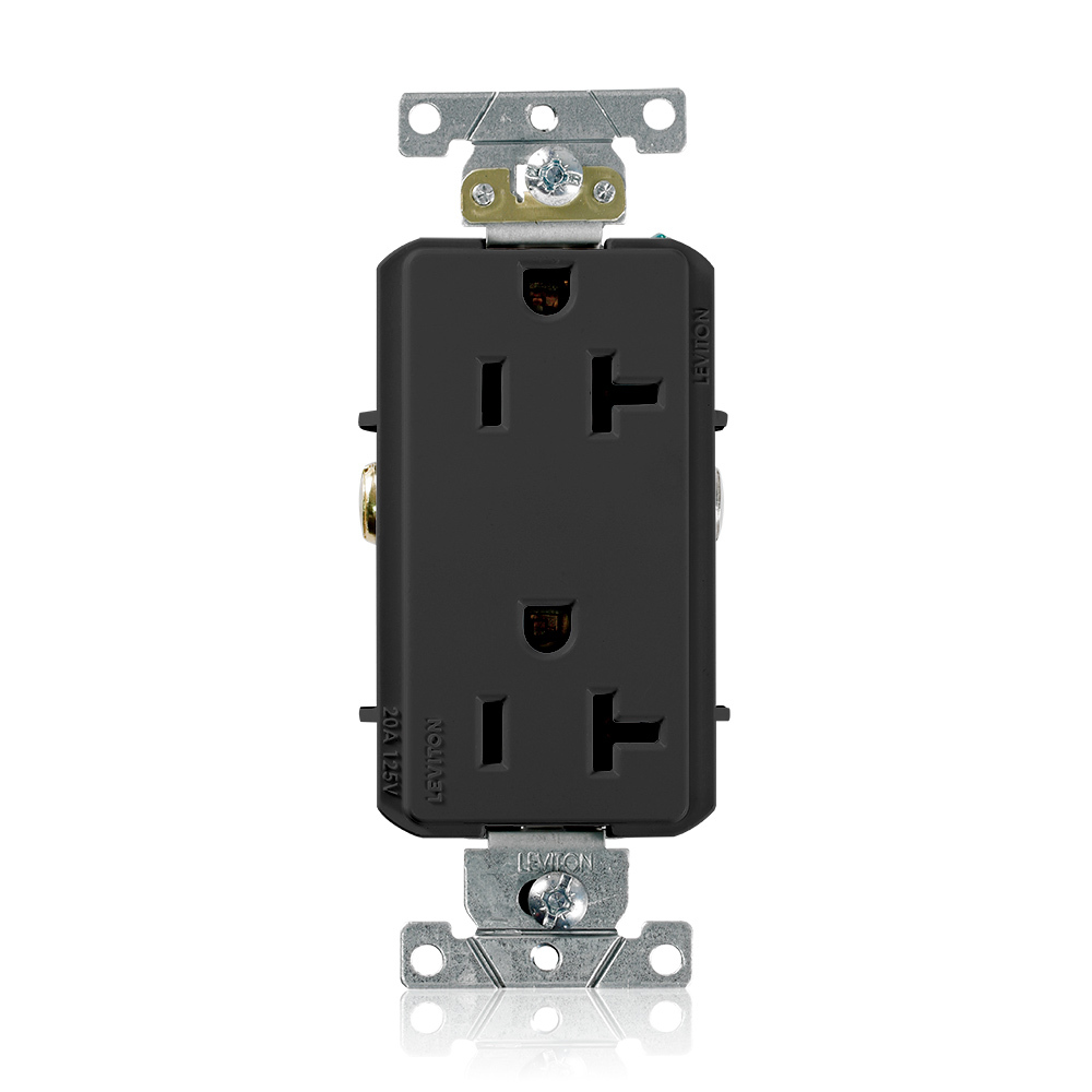 20 Amp, 125 Volt, NEMA 5-20R, 2P, 3W, Decora Plus Duplex Receptacle, Straight Blade, Commercial Grade, Self Grounding, , , Side Wired, Steel Strap, - Black