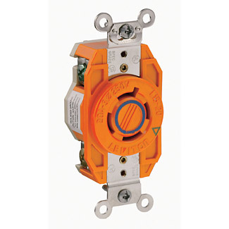 20 Amp, 250 Volt 3-Phase, NEMA L15-20R, 3P, 4W, Flush Mtg Locking Receptacle,Industrial Grade, Isolated Ground, V-0-MAX - Orange