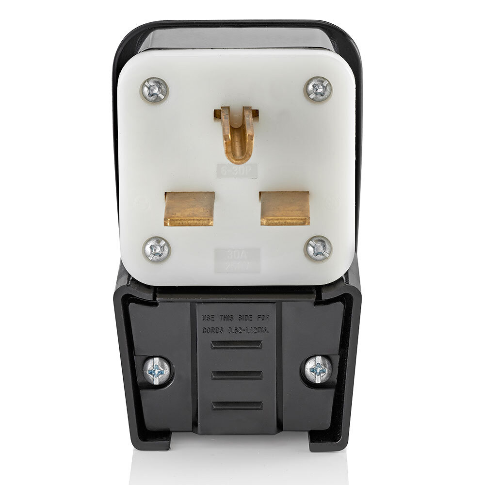 30 Amp, 250 Volt, NEMA 6-30P, 2P, 3W, Plug, Straight Blade, Industrial Grade, Grounding, Angle - Black