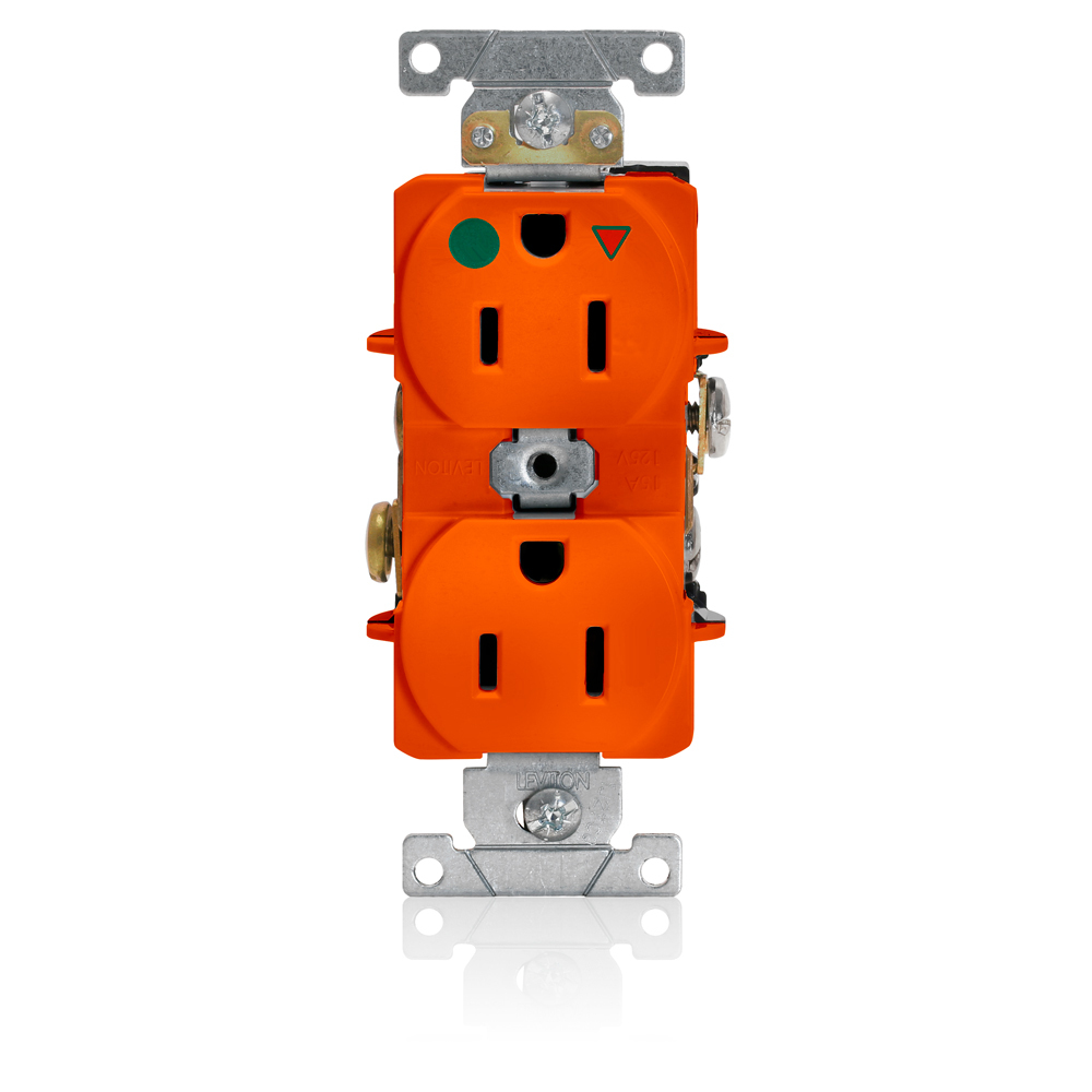 15-Amp, 125-Volt, Narrow Body Duplex Receptacle, Straight Blade, Hospital Grade, Isolated Ground, Back and Side Wired, Orange