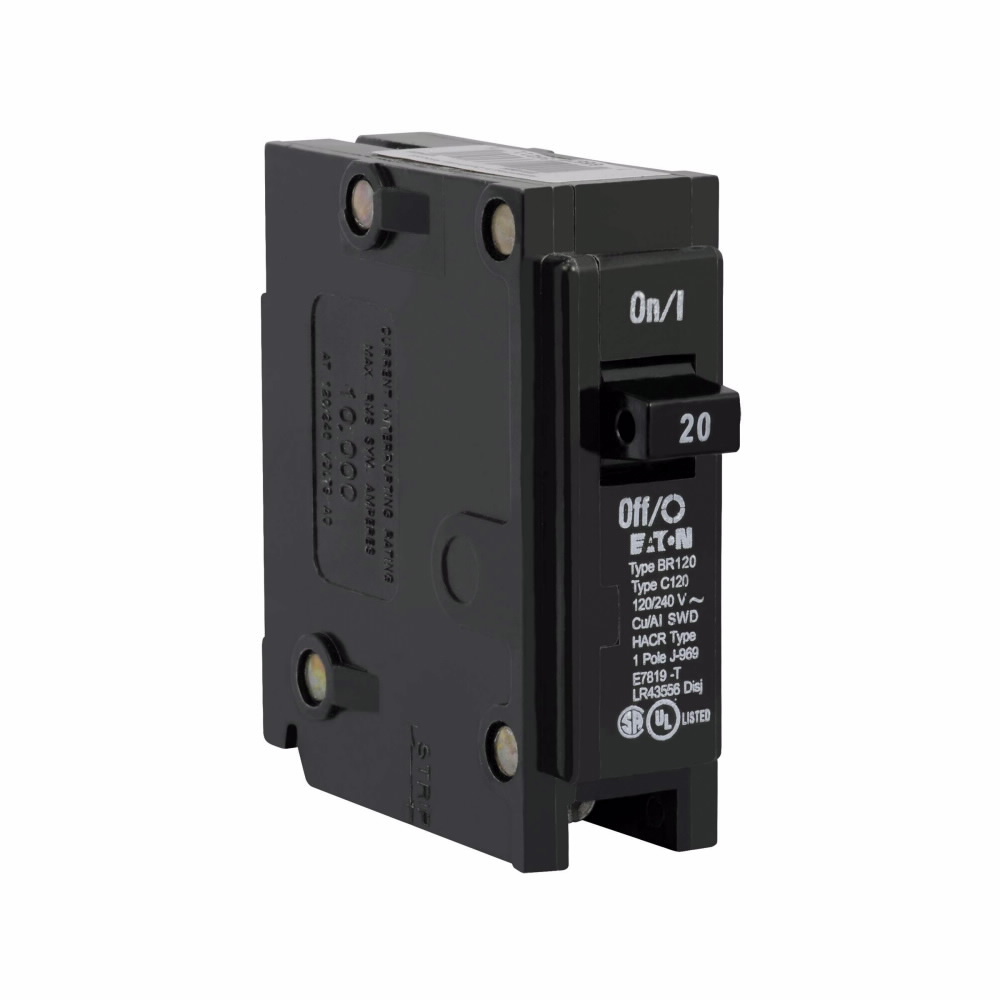 Eaton BR thermal magnetic circuit breaker,Type BR 1-Inch plug-on circuit breaker,20 A,10 kAIC,Single-pole,120/240V,BR,#14-4 AWG Cu/Al,Q1,BR,Type BR loadcenters