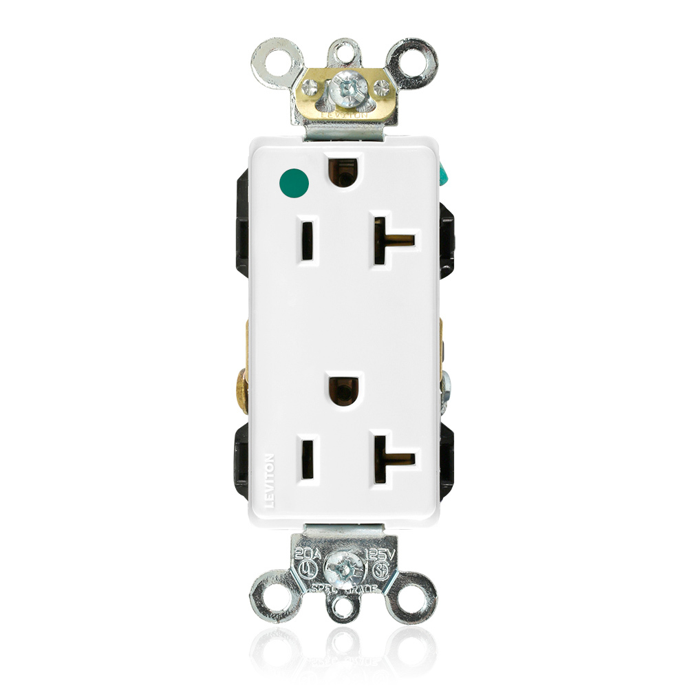 20 Amp, 125 Volt, NEMA 5-20R, 2P, 3W, Decora Plus Duplex Receptacle, Straight Blade, Hospital Grade, Self Grounding, Back & Side Wired, Steel Strap - White