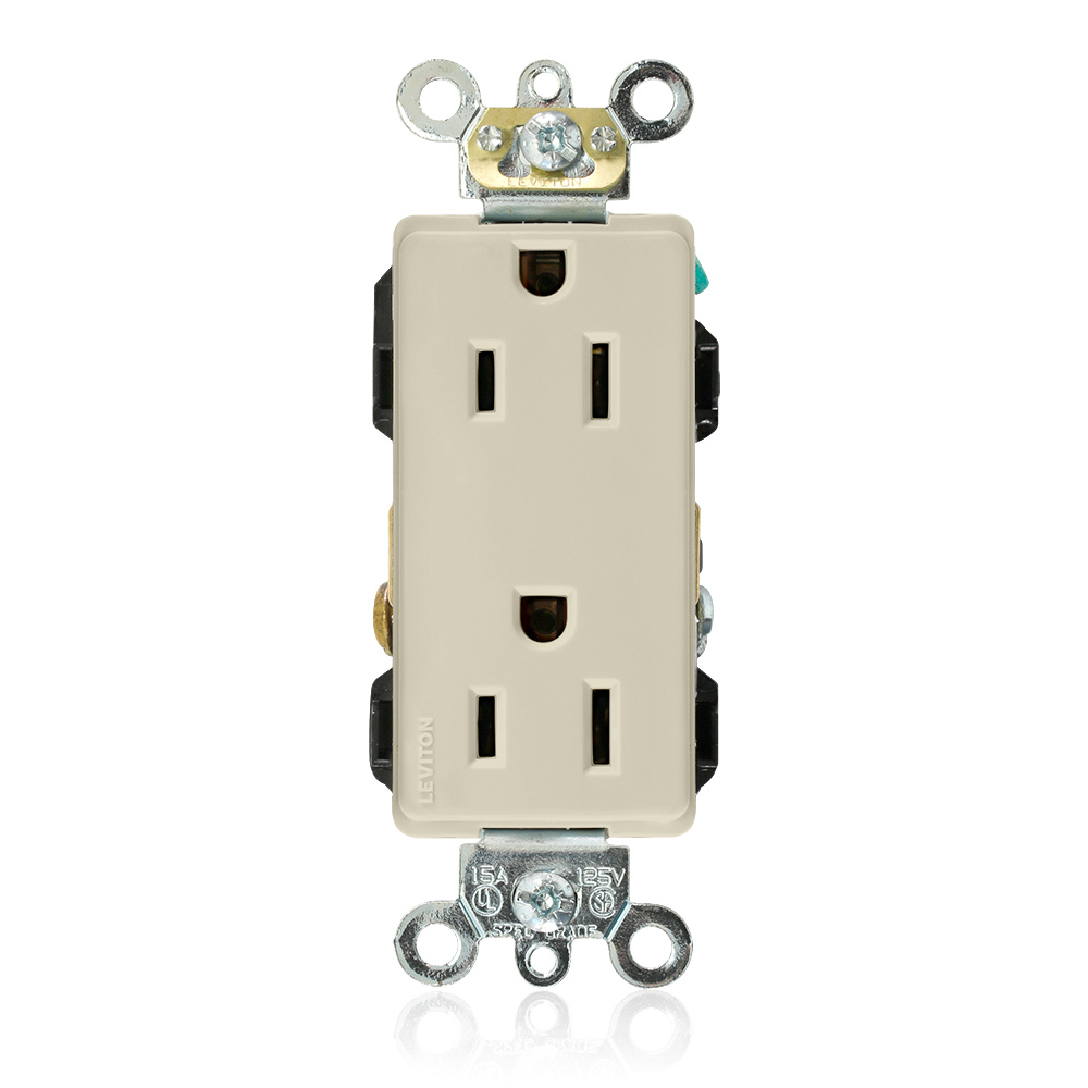 15 Amp, 125 Volt, Decora Plus Duplex Receptacle, Straight Blade, Industrial Grade, Self Grounding, Ivory
