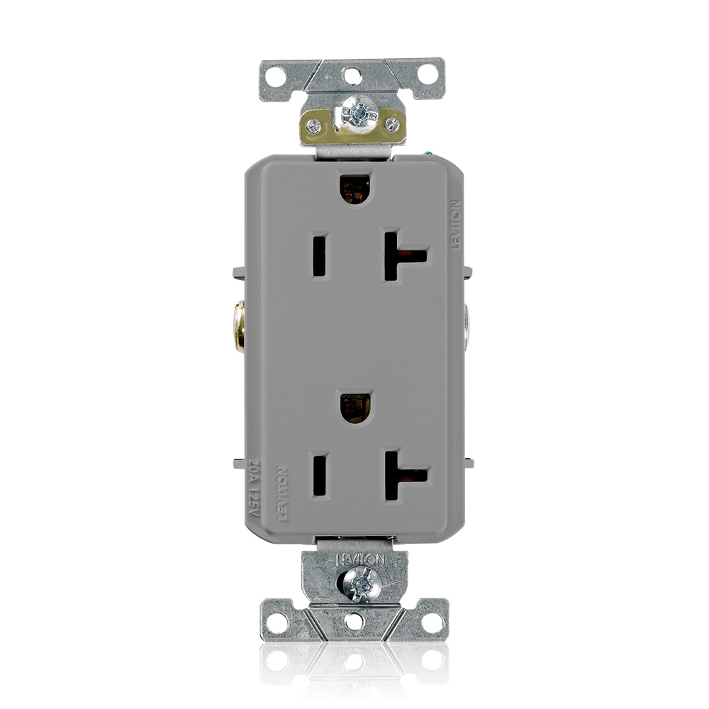 20 Amp, 125 Volt, NEMA 5-20R, 2P, 3W, Decora Plus Duplex Receptacle, Straight Blade, Commercial Grade, Self Grounding, , , Back & Side Wired, Steel Strap, - Gray