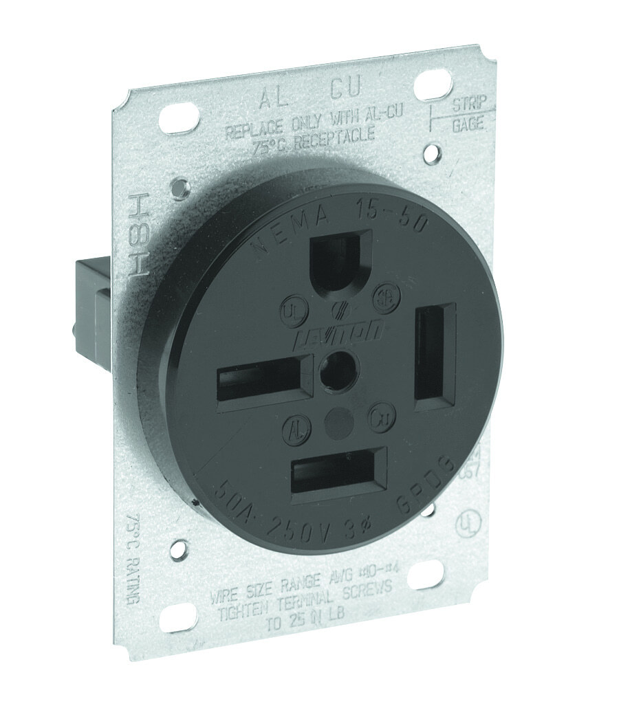 50 Amp, 250 Volt, NEMA 15-50R, 3P, 4W, Flush Mtg Receptacle, Straight Blade, Industrial Grade, Grounding, 3-Phase, Side Wired, Steel Strap, - Black