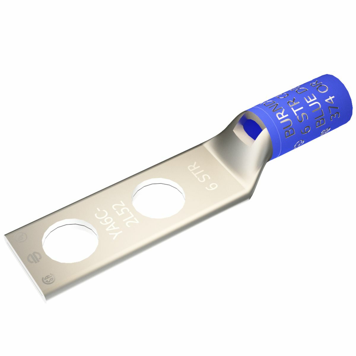 6 AWG CU, Two Hole, 3/8 Stud Size, 1 Hole Spacing, Standard Barrel, Inspection Window, Internal Chamfer, Tin Plated, UL/CSA, 90?C, Up to 35kV, Blue Color Code, 7 or 374 Die Index.