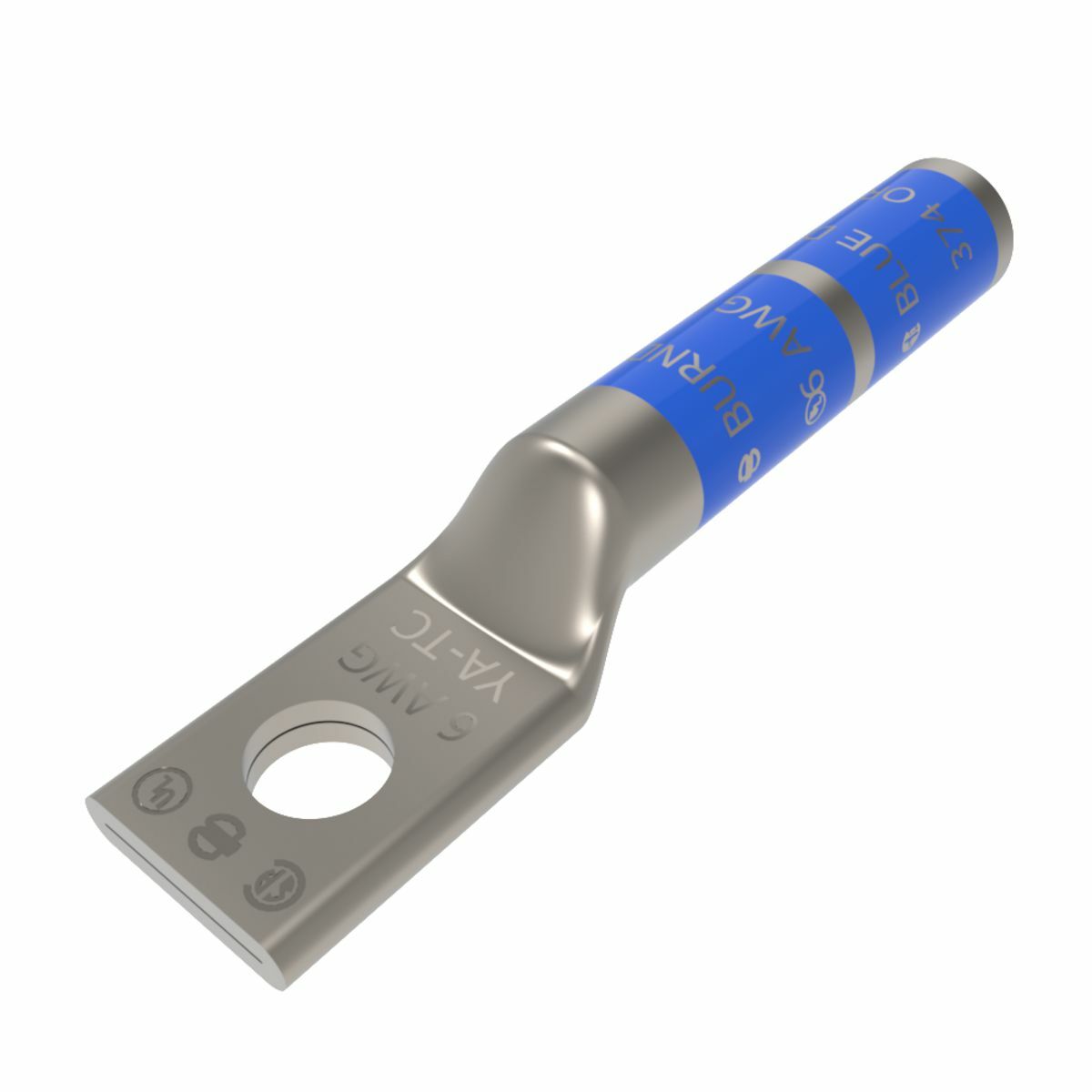6 AWG CU, One Hole, #10 Stud Size, Long Barrel, Internal Chamfer, Tin Plated, UL/CSA, 90?C, Up to 35kV,BLUE Color Code, 7 or 374 Die Index.