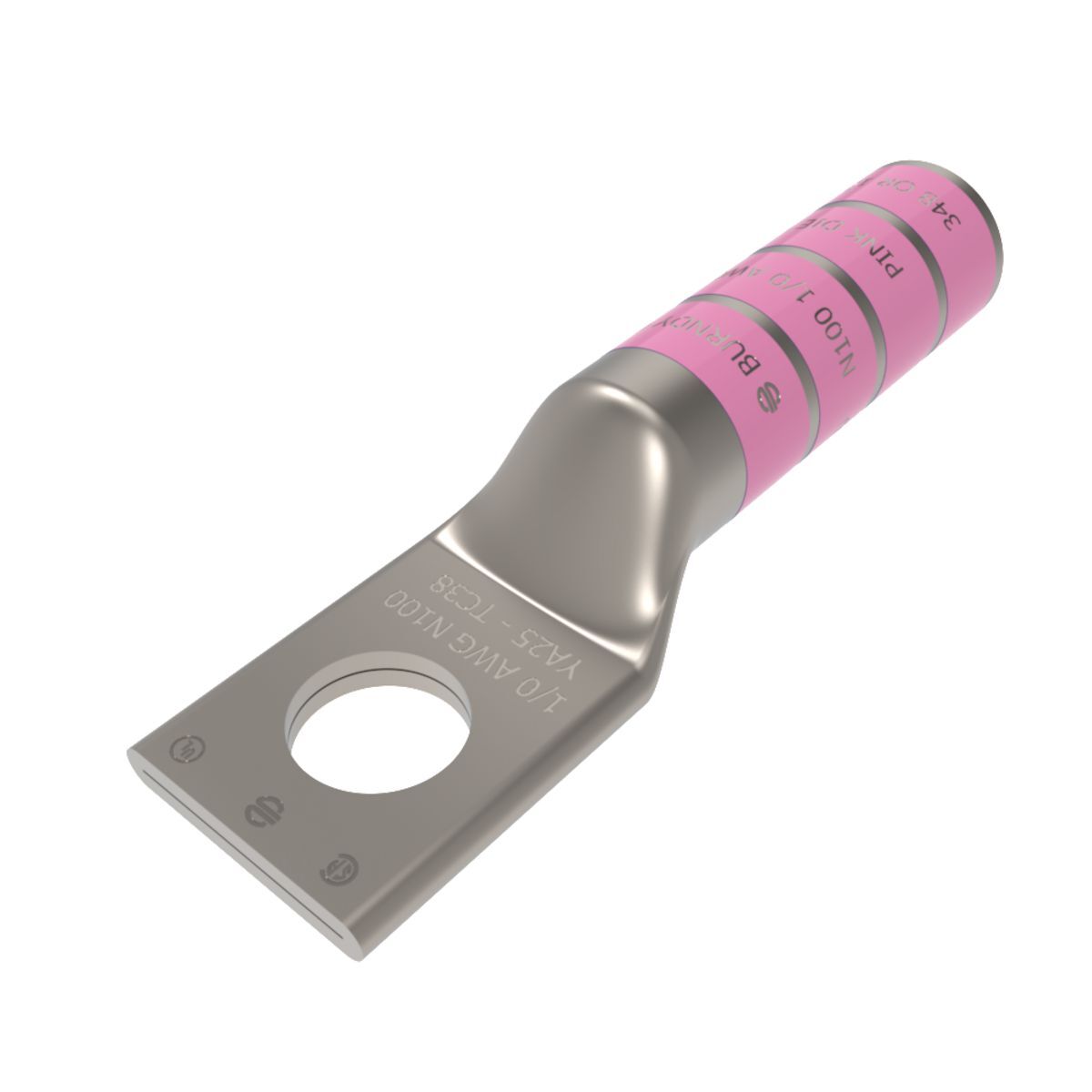 1/0 AWG CU, One Hole, 3/8 Stud Size, Long Barrel, Internal Chamfer, Tin Plated, UL/CSA, 90?C, Up to 35kV,PINK Color Code, 12 or 348 Die Index.