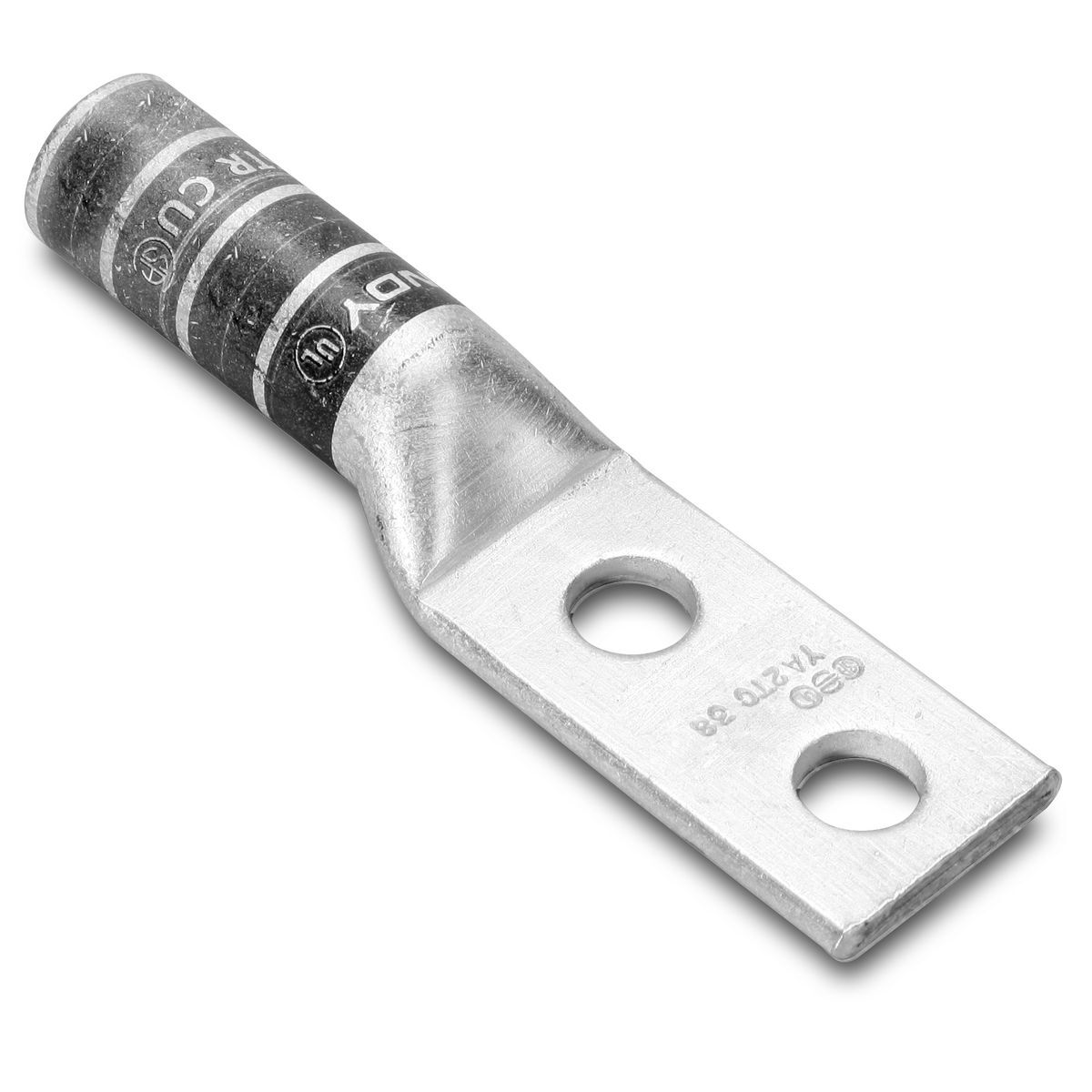 3 AWG CU, Two Hole, 3/8 Stud Size, 1 Hole Spacing, Long Barrel Internal Chamfer, Tin Plated, UL/CSA, 90?C, Up to 35kV, White Color Code, 9 Die Index.