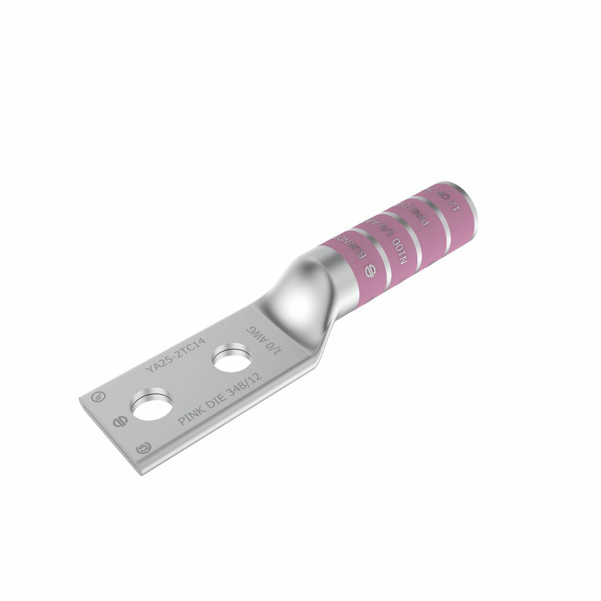 1/0 AWG CU, Two Hole, 3/8 Stud Size, 1 Hole Spacing, Long Barrel Internal Chamfer, Tin Plated, UL/CSA, 90?C, Up to 35kV, Pinnk Color Code, 12 or 348 Die Index.