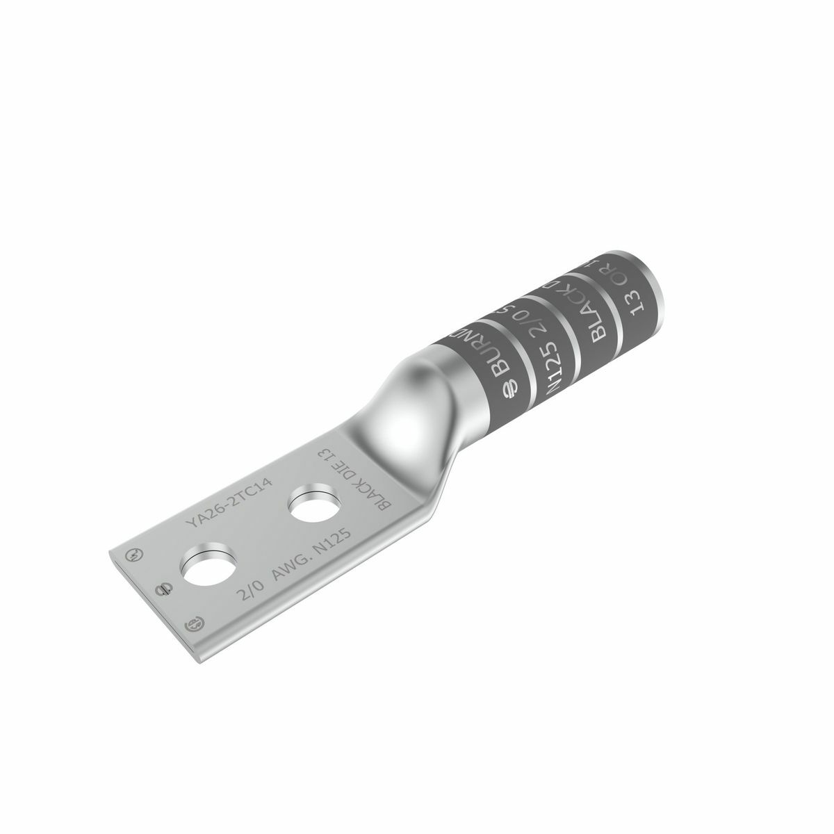 2/0 AWG CU, Two Hole, 1/4 Stud Size, 5/8 Hole Spacing, Long Barrel Internal Chamfer, Tin Plated, UL/CSA, 90?C, Up to 35kV, Black Color Code, 13 Die Index.