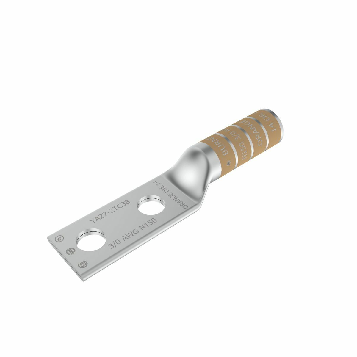 3/0 AWG CU, Two Hole, 3/8 Stud Size, 1 Hole Spacing, Long Barrel Internal Chamfer, Tin Plated, UL/CSA, 90?C, Up to 35kV, Orange Color Code, 14 Die Index.