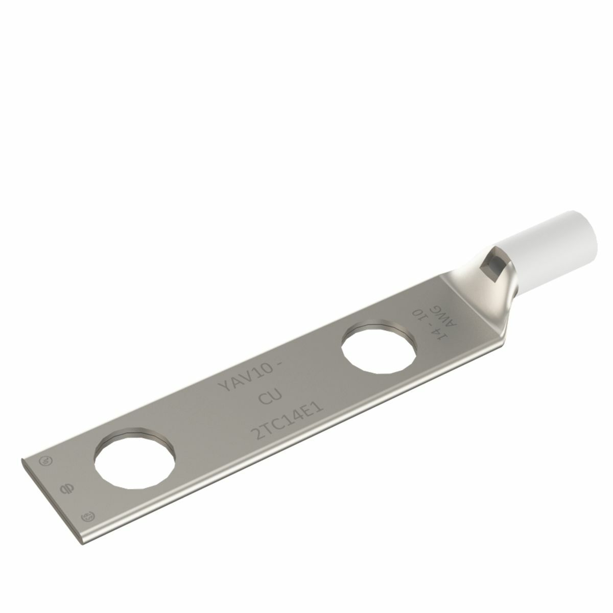 Copper Compression Lug, 2 Hole w/ Inspection Window, 14 AWG -10 AWG (str)/ 12 AWG-10 AWG (sol), #10 Stud, 5/8" Stud Hole Spacing, Short Barrel, Tin - Electro Plated.